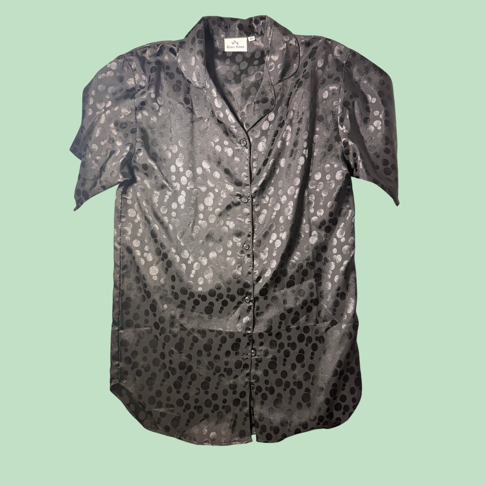 Mens Black Satin Polka Dot Jacquard Short Sleeve Button Down Shirt Size M